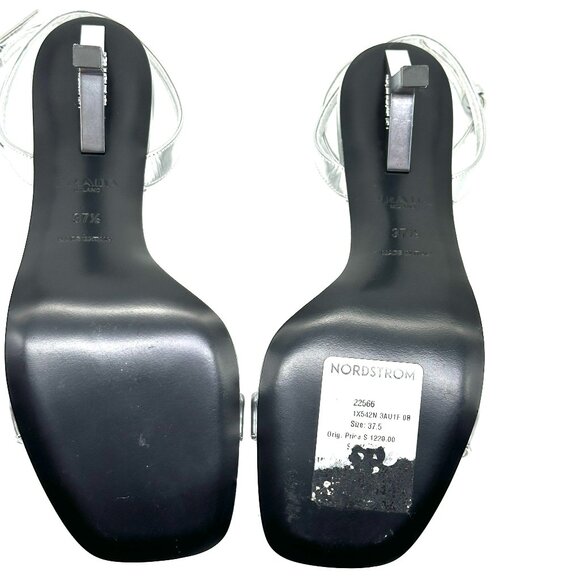 PRADA Metallic Leather Logo Triangle Heel Ankle Strap Sandals Heels Shoes - Picture 11 of 15